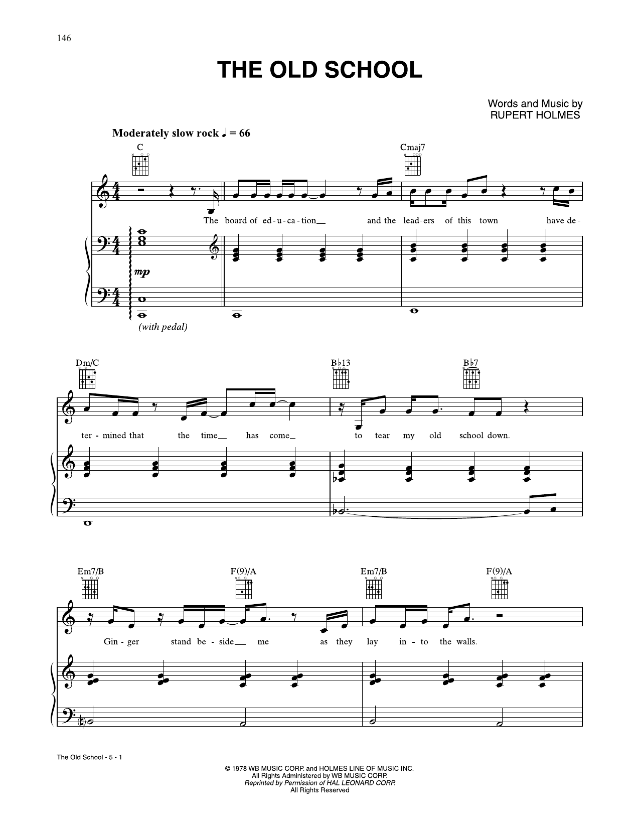 Rupert Holmes The Old School Sheet Music Notes & Chords for Piano, Vocal & Guitar Chords (Right-Hand Melody) - Download or Print PDF