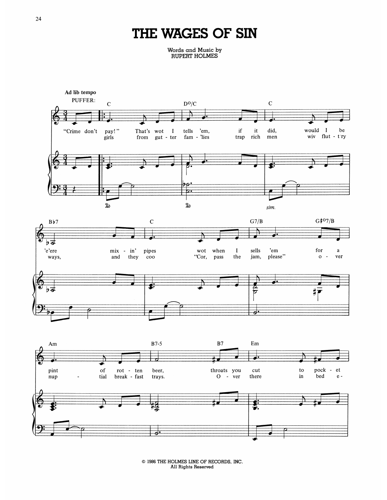 Rupert Holmes The Wages Of Sin (from The Mystery Of Edwin Drood) Sheet Music Notes & Chords for Piano, Vocal & Guitar Chords (Right-Hand Melody) - Download or Print PDF