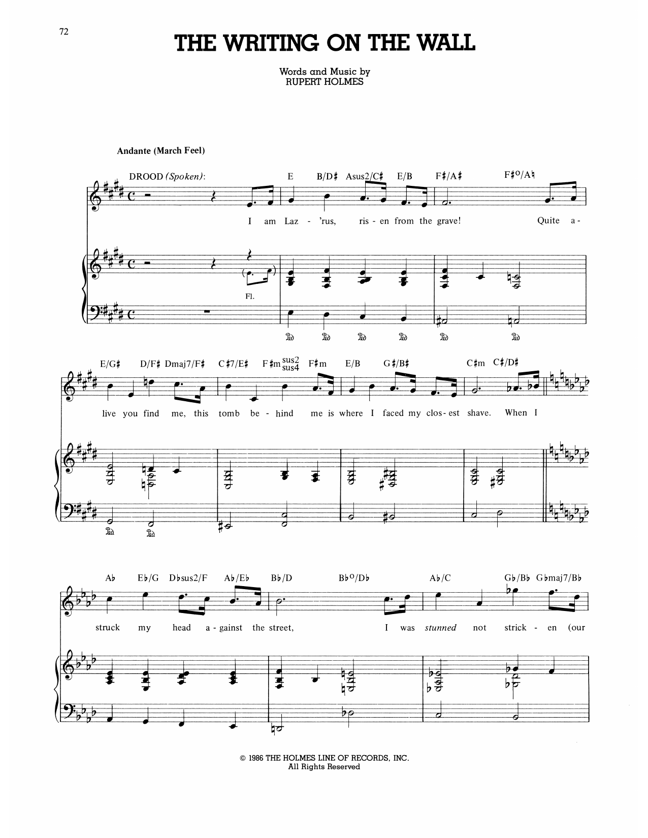 Rupert Holmes The Writing On The Wall (from The Mystery Of Edwin Drood) Sheet Music Notes & Chords for Piano, Vocal & Guitar Chords (Right-Hand Melody) - Download or Print PDF