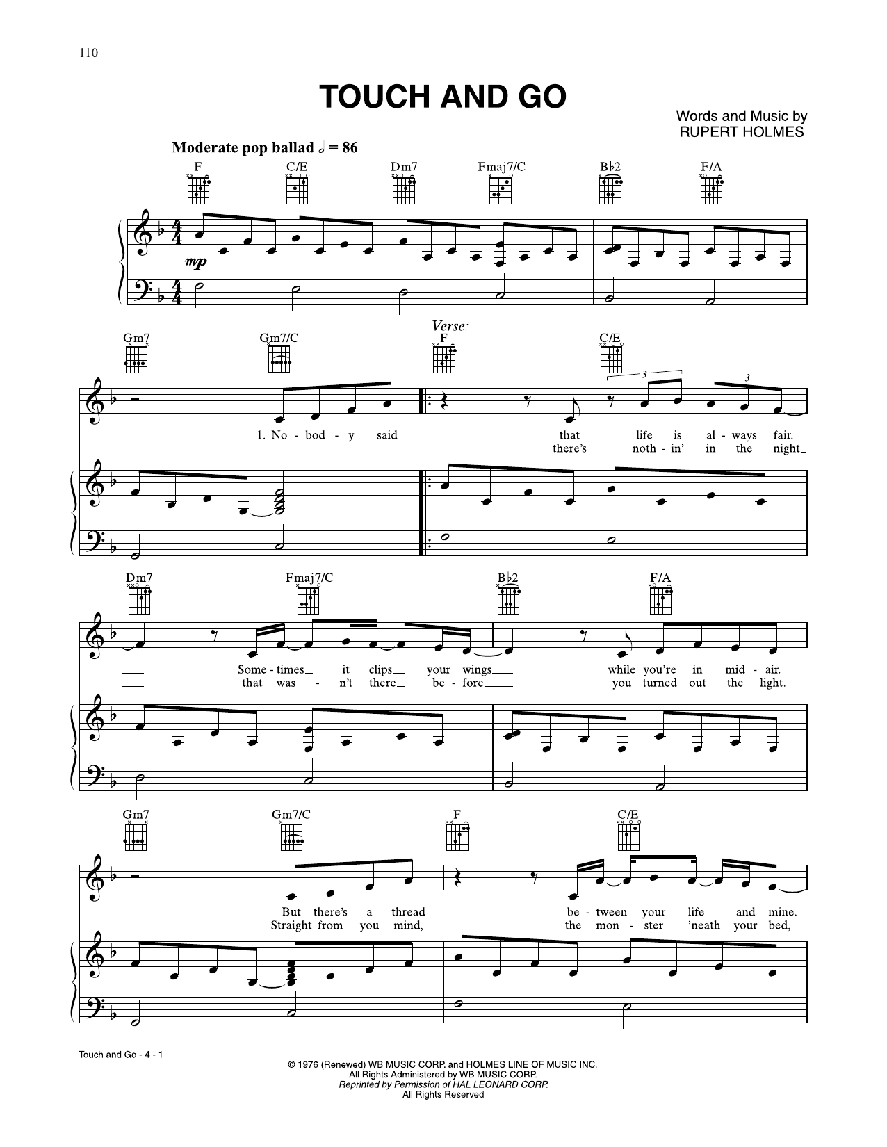Rupert Holmes Touch And Go Sheet Music Notes & Chords for Piano, Vocal & Guitar Chords (Right-Hand Melody) - Download or Print PDF