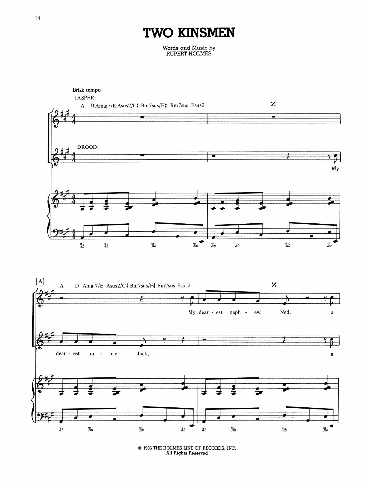 Rupert Holmes Two Kinsmen (from The Mystery Of Edwin Drood) Sheet Music Notes & Chords for Piano, Vocal & Guitar Chords (Right-Hand Melody) - Download or Print PDF