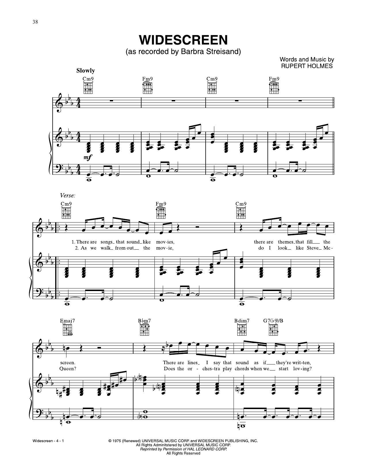 Rupert Holmes Widescreen Sheet Music Notes & Chords for Piano, Vocal & Guitar Chords (Right-Hand Melody) - Download or Print PDF