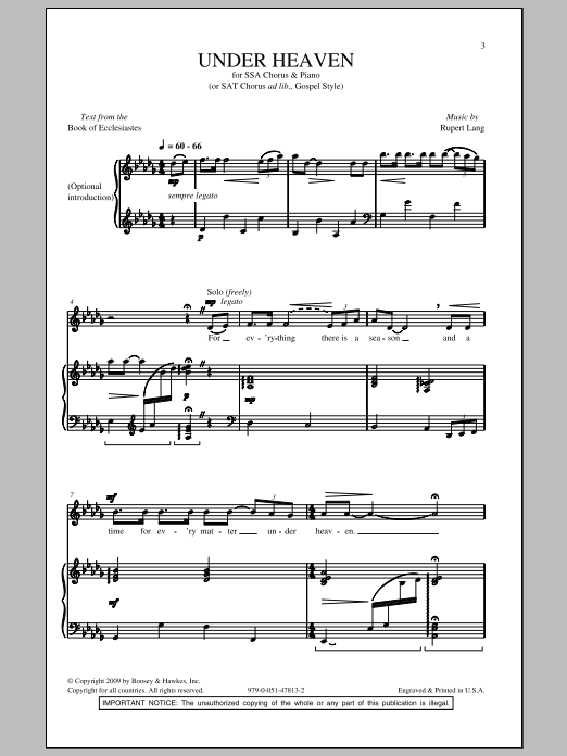 Rupert Lang Under Heaven Sheet Music Notes & Chords for SSA - Download or Print PDF