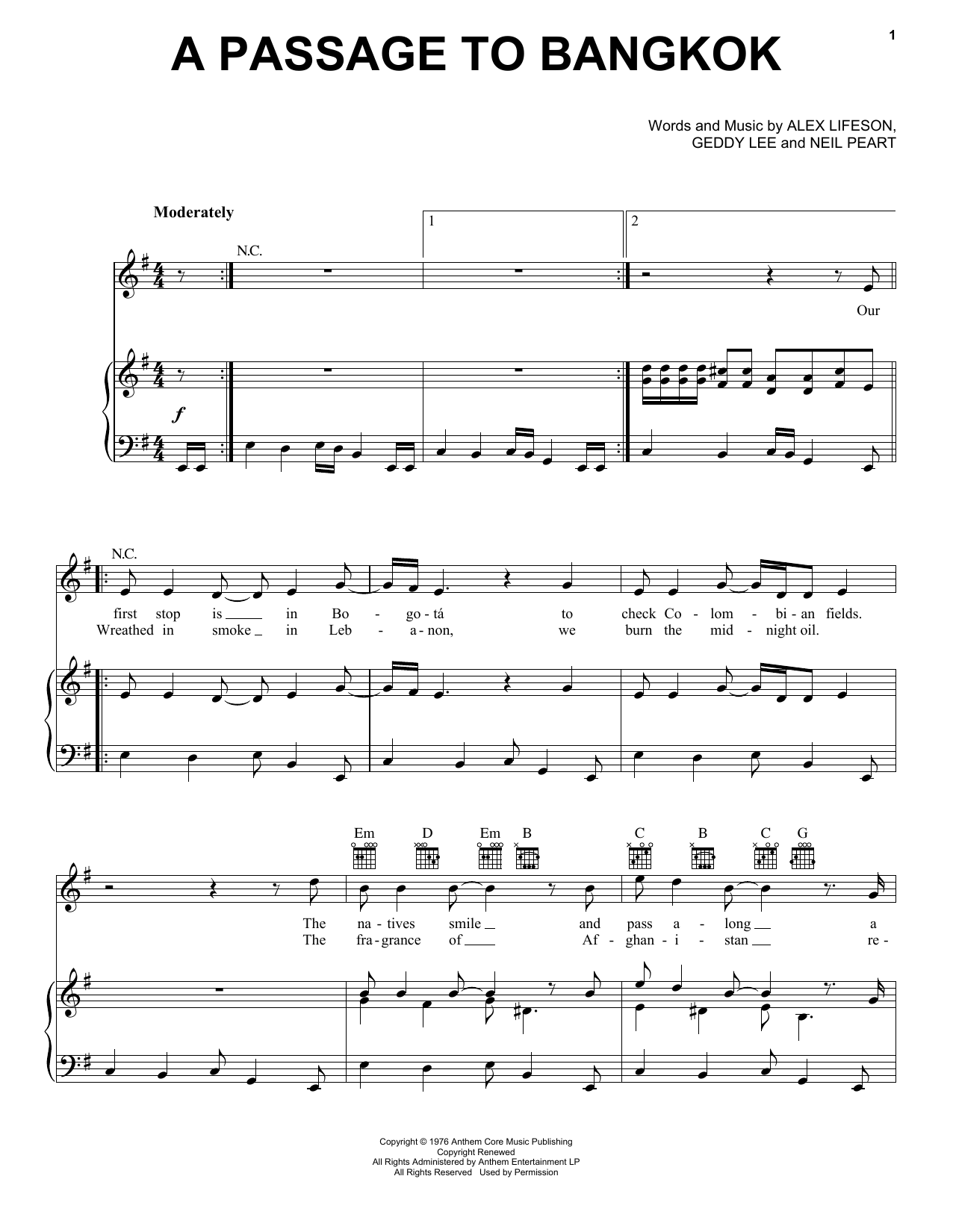 Rush A Passage To Bangkok Sheet Music Notes & Chords for Piano, Vocal & Guitar (Right-Hand Melody) - Download or Print PDF