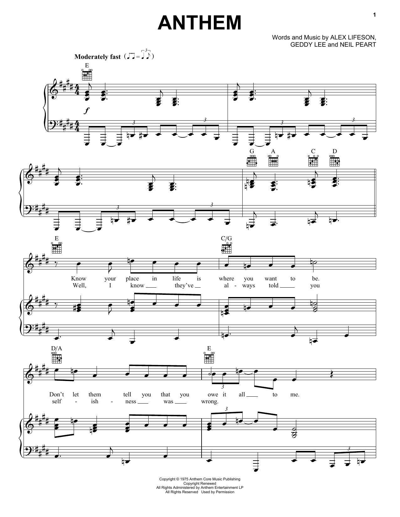 Rush Anthem Sheet Music Notes & Chords for Piano, Vocal & Guitar (Right-Hand Melody) - Download or Print PDF