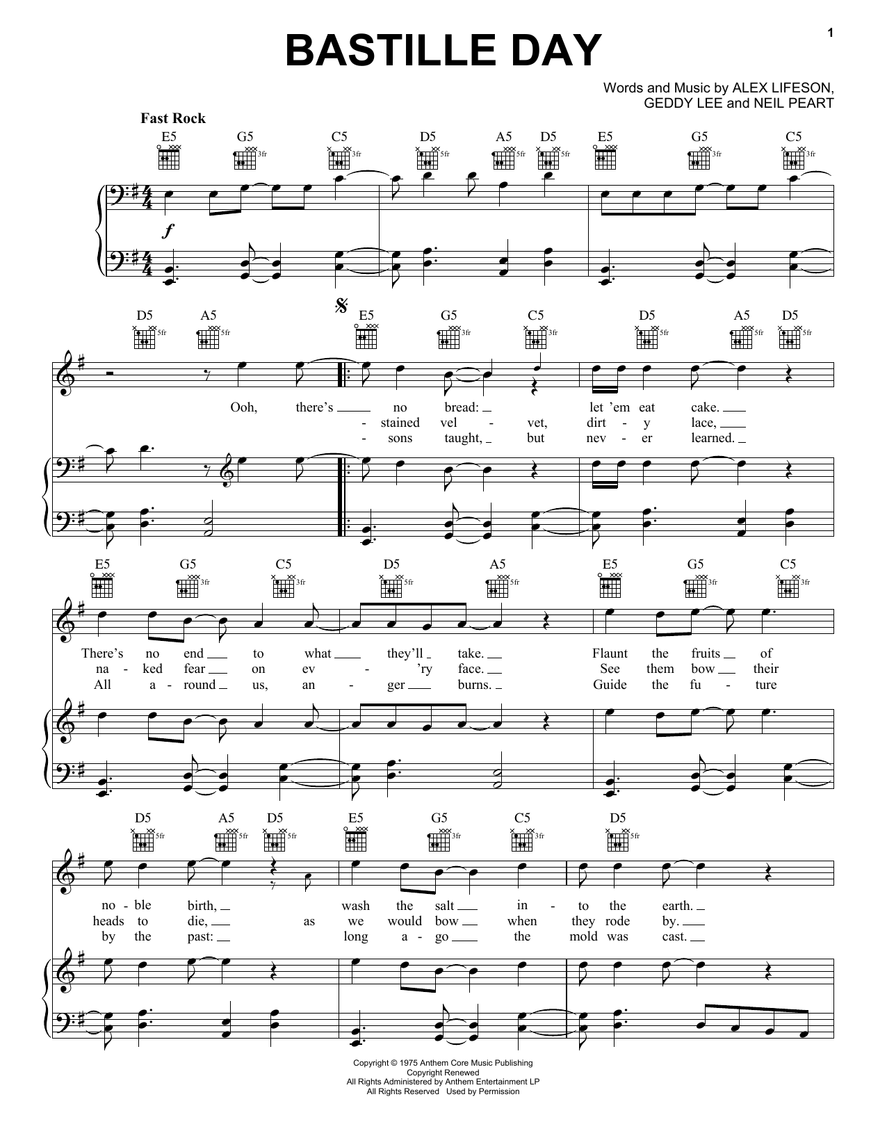 Rush Bastille Day Sheet Music Notes & Chords for Piano, Vocal & Guitar (Right-Hand Melody) - Download or Print PDF