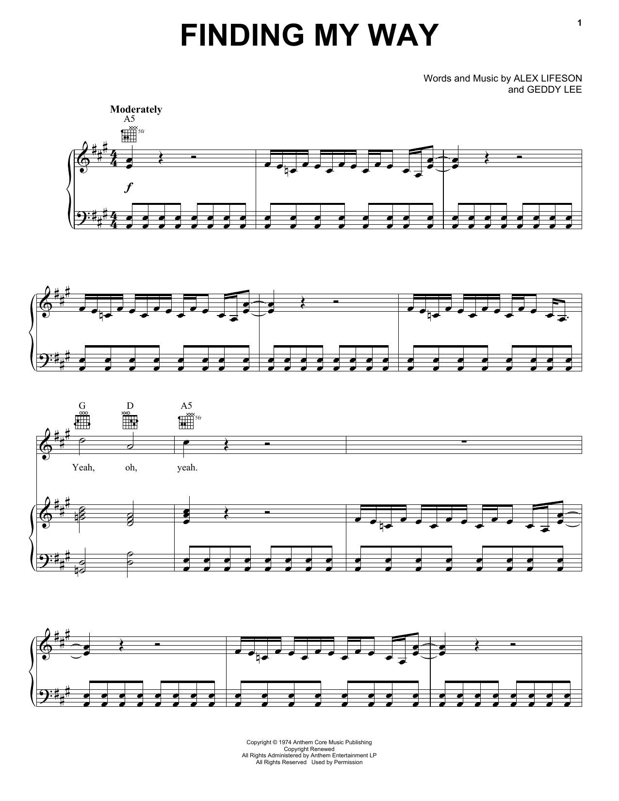 Rush Finding My Way Sheet Music Notes & Chords for Piano, Vocal & Guitar (Right-Hand Melody) - Download or Print PDF