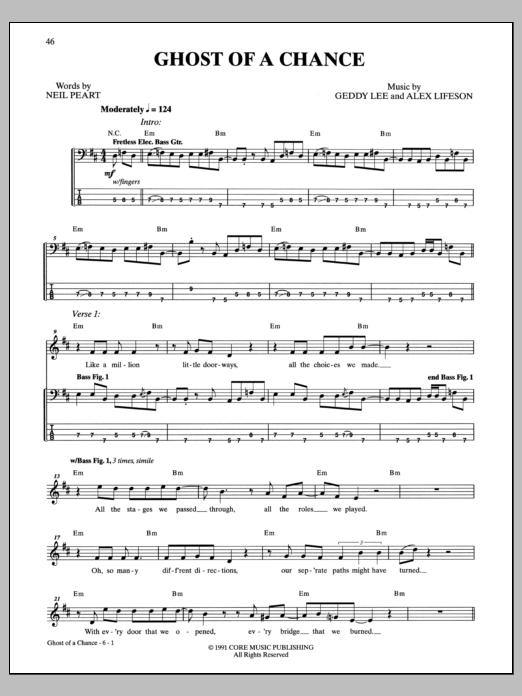 Rush Ghost Of A Chance Sheet Music Notes & Chords for Bass Guitar Tab - Download or Print PDF