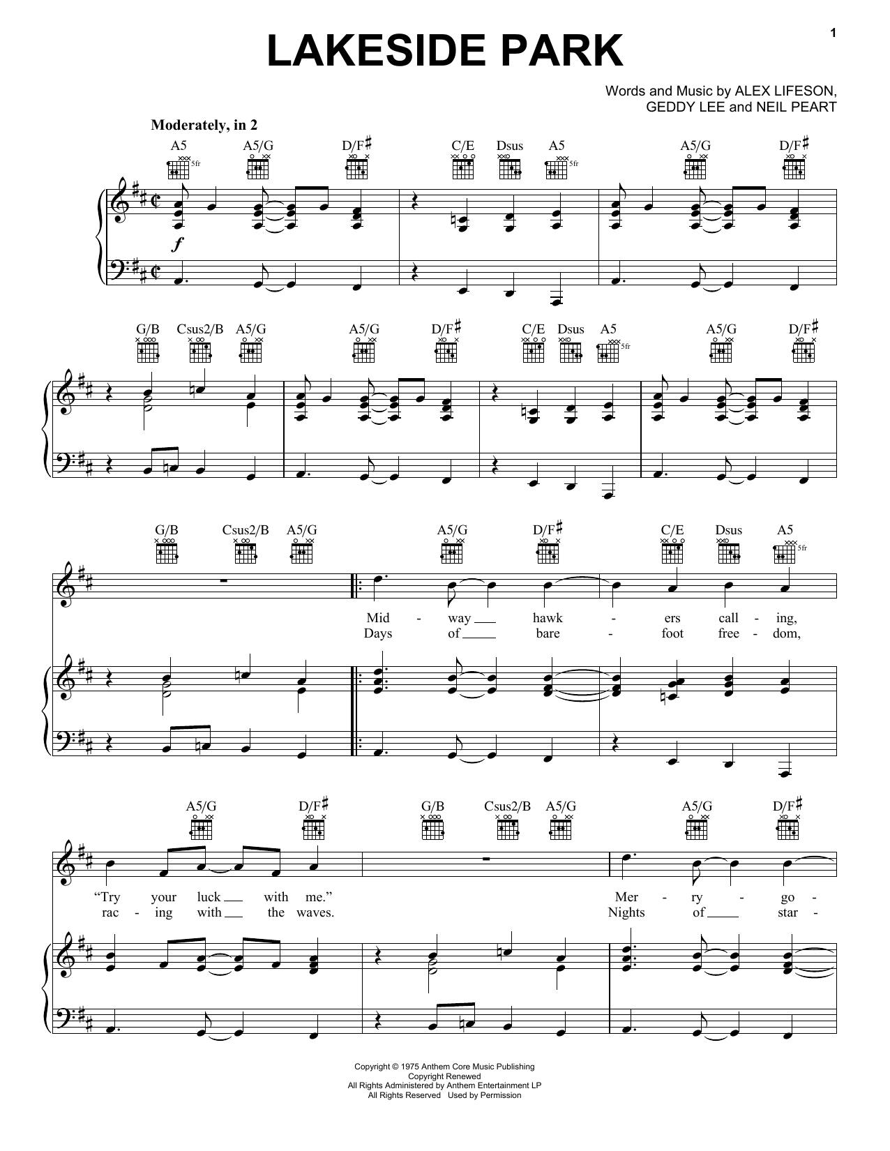 Rush Lakeside Park Sheet Music Notes & Chords for Piano, Vocal & Guitar (Right-Hand Melody) - Download or Print PDF