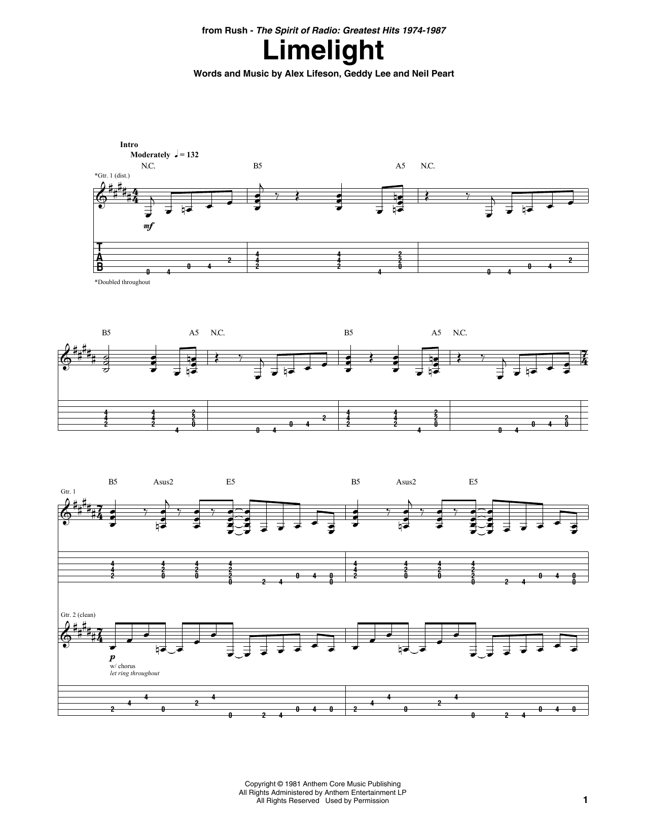 Rush Limelight Sheet Music Notes & Chords for Transcribed Score - Download or Print PDF