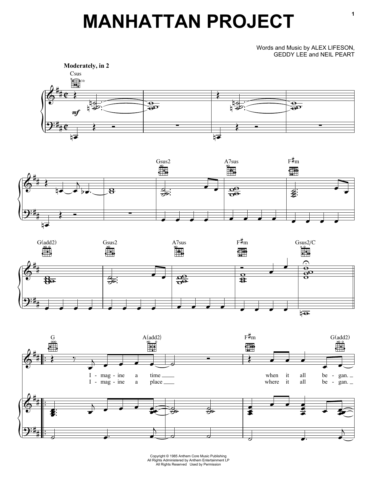 Rush Manhattan Project Sheet Music Notes & Chords for Piano, Vocal & Guitar (Right-Hand Melody) - Download or Print PDF