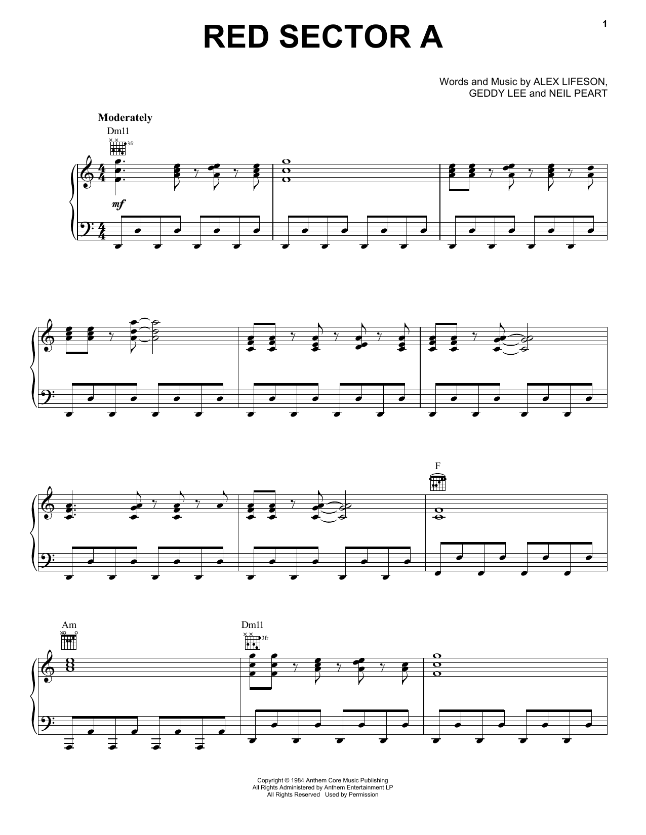 Rush Red Sector A Sheet Music Notes & Chords for Piano, Vocal & Guitar (Right-Hand Melody) - Download or Print PDF
