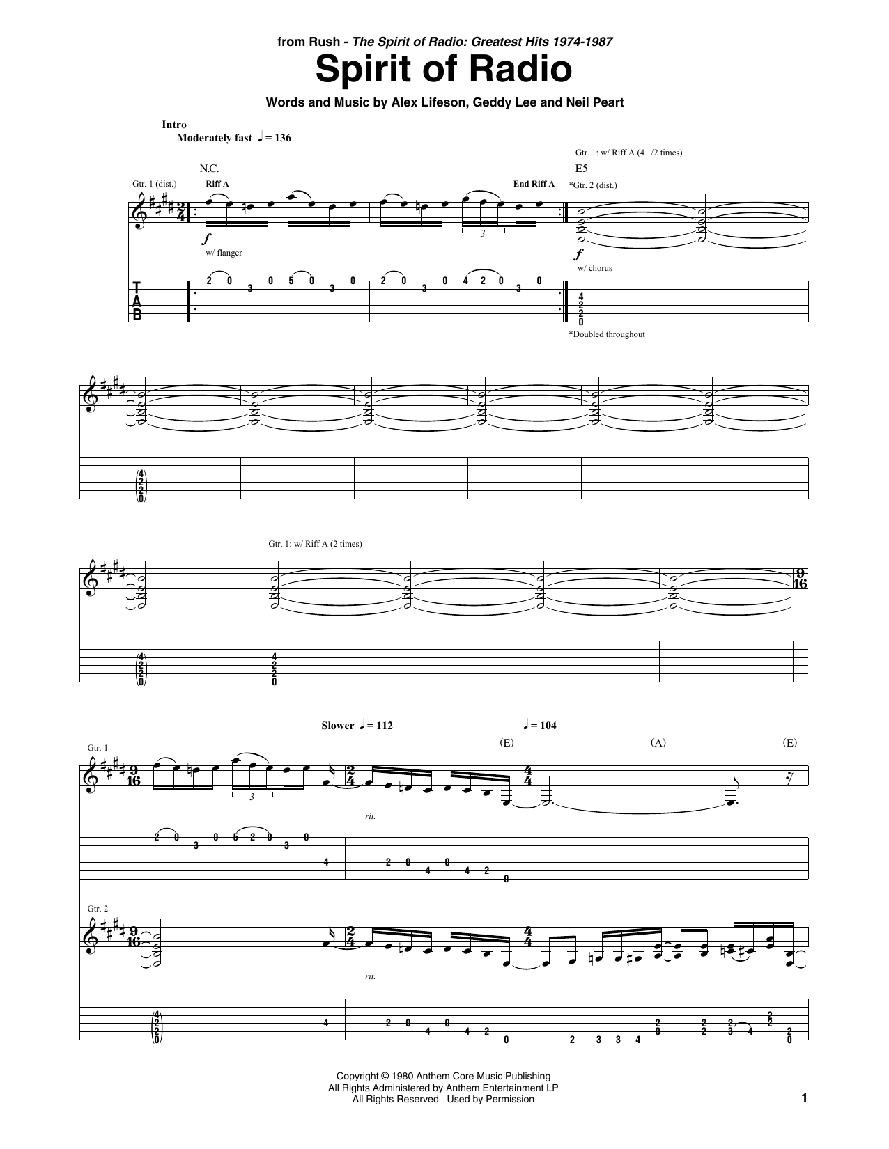 Rush Spirit Of Radio Sheet Music Notes & Chords for Bass Guitar Tab - Download or Print PDF