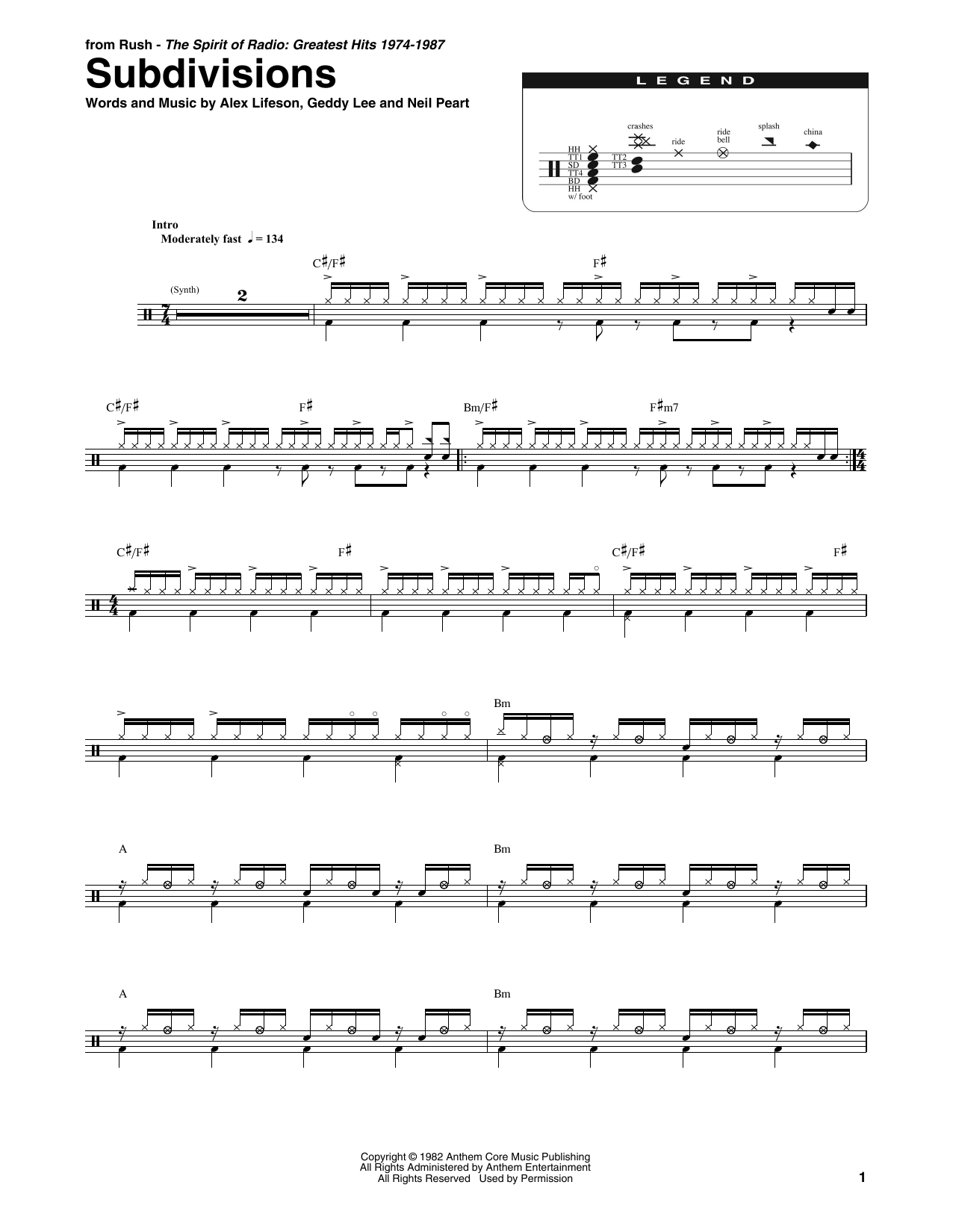 Rush Subdivisions Sheet Music Notes & Chords for Piano, Vocal & Guitar (Right-Hand Melody) - Download or Print PDF