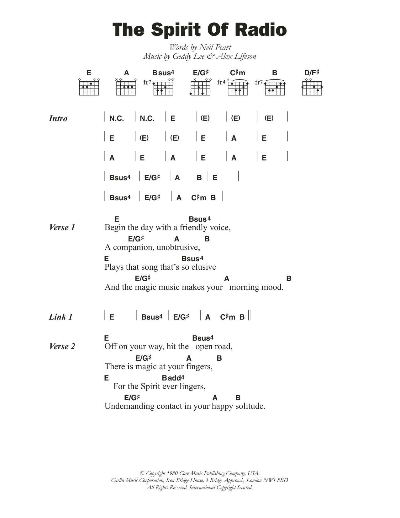 Rush The Spirit Of Radio Sheet Music Notes & Chords for Lyrics & Chords - Download or Print PDF