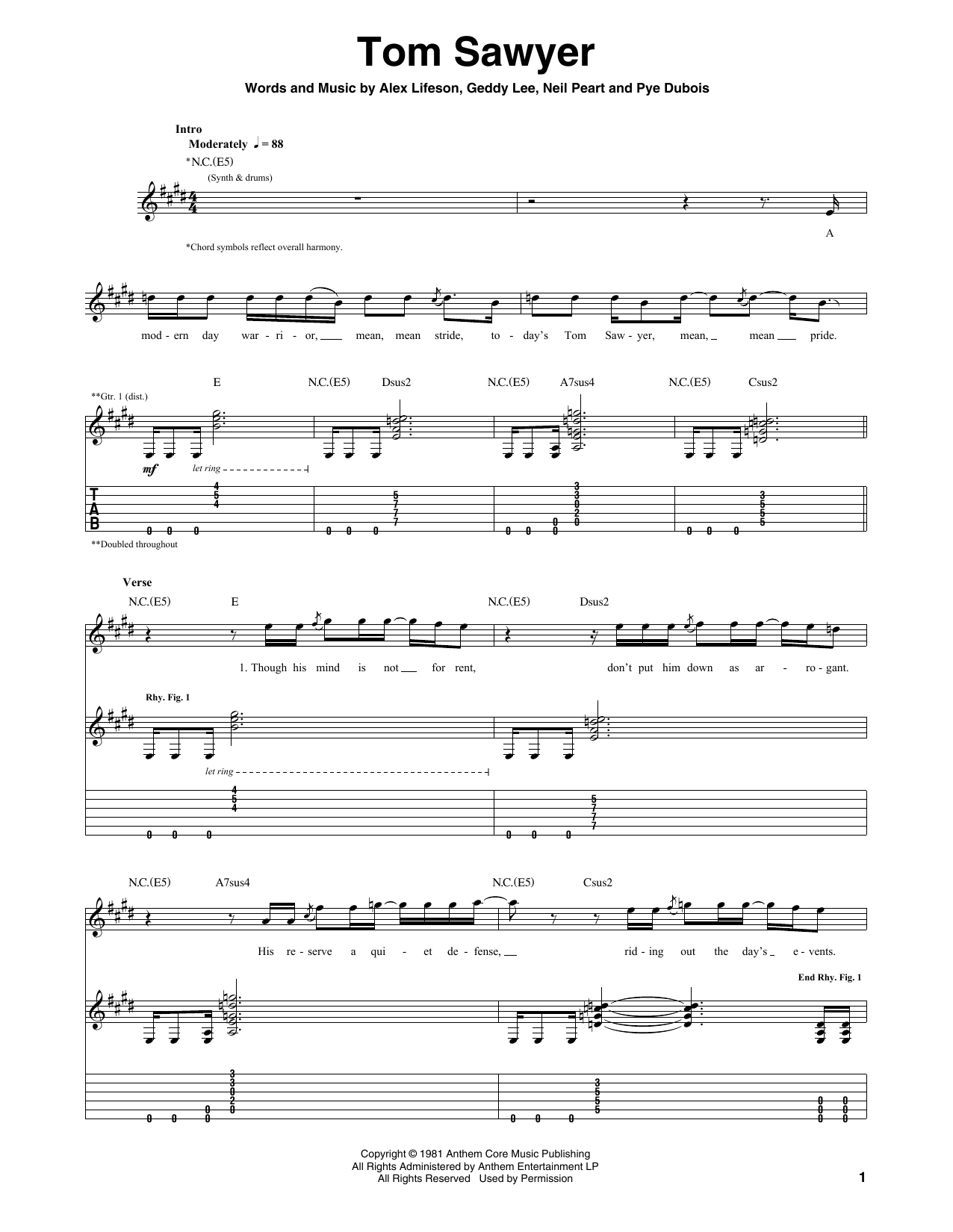 Rush Tom Sawyer Sheet Music Notes & Chords for Piano, Vocal & Guitar (Right-Hand Melody) - Download or Print PDF