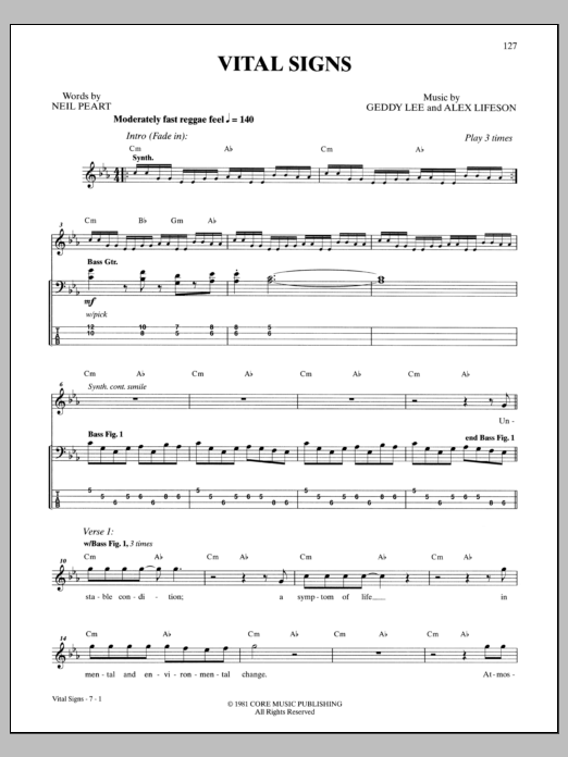 Rush Vital Signs Sheet Music Notes & Chords for Bass Guitar Tab - Download or Print PDF