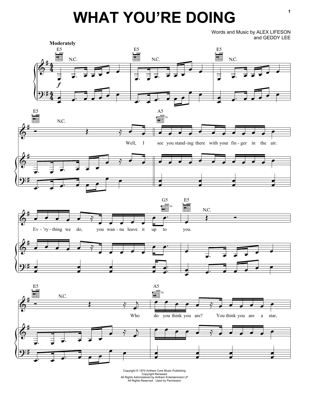 Rush What You're Doing Sheet Music Notes & Chords for Piano, Vocal & Guitar (Right-Hand Melody) - Download or Print PDF