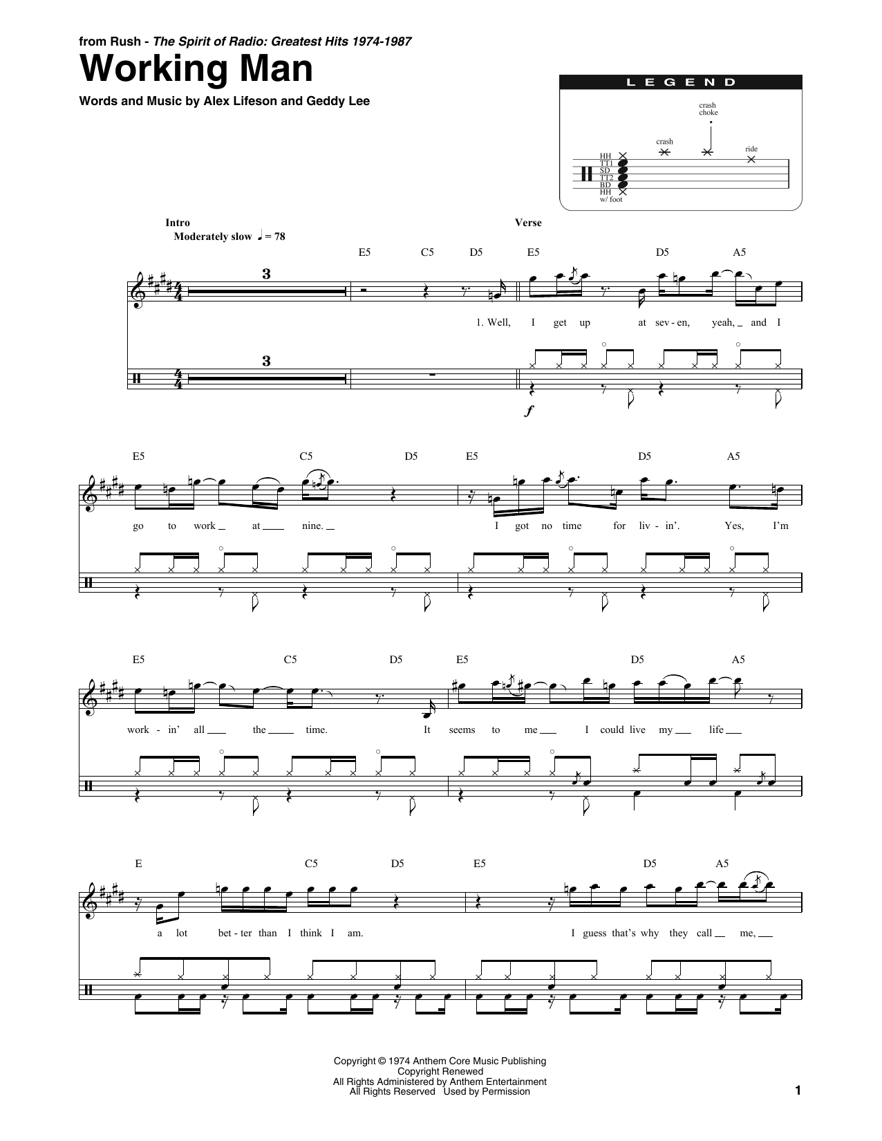 Rush Working Man Sheet Music Notes & Chords for Transcribed Score - Download or Print PDF