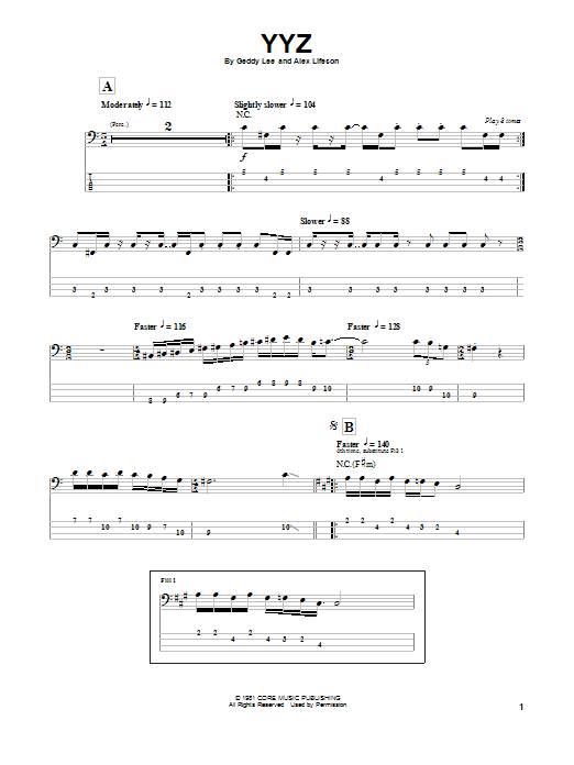 Rush YYZ Sheet Music Notes & Chords for Easy Bass Tab - Download or Print PDF