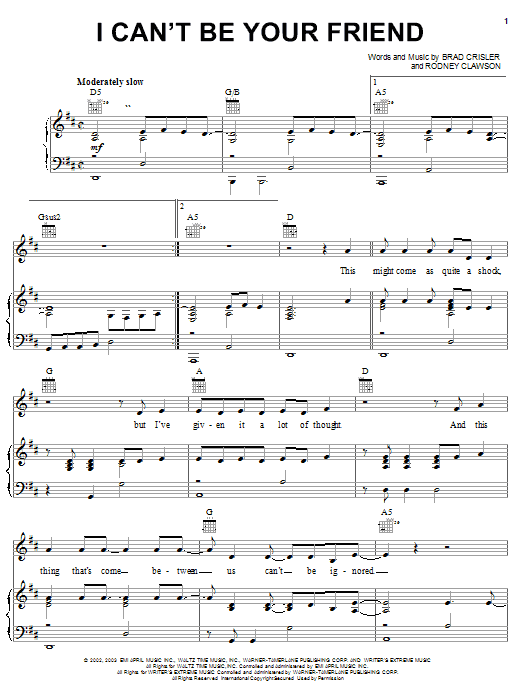 Rushlow I Can't Be Your Friend Sheet Music Notes & Chords for Piano, Vocal & Guitar (Right-Hand Melody) - Download or Print PDF