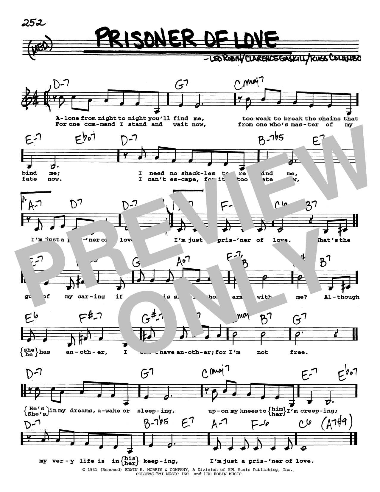 Russ Columbo Prisoner Of Love (Low Voice) Sheet Music Notes & Chords for Real Book – Melody, Lyrics & Chords - Download or Print PDF