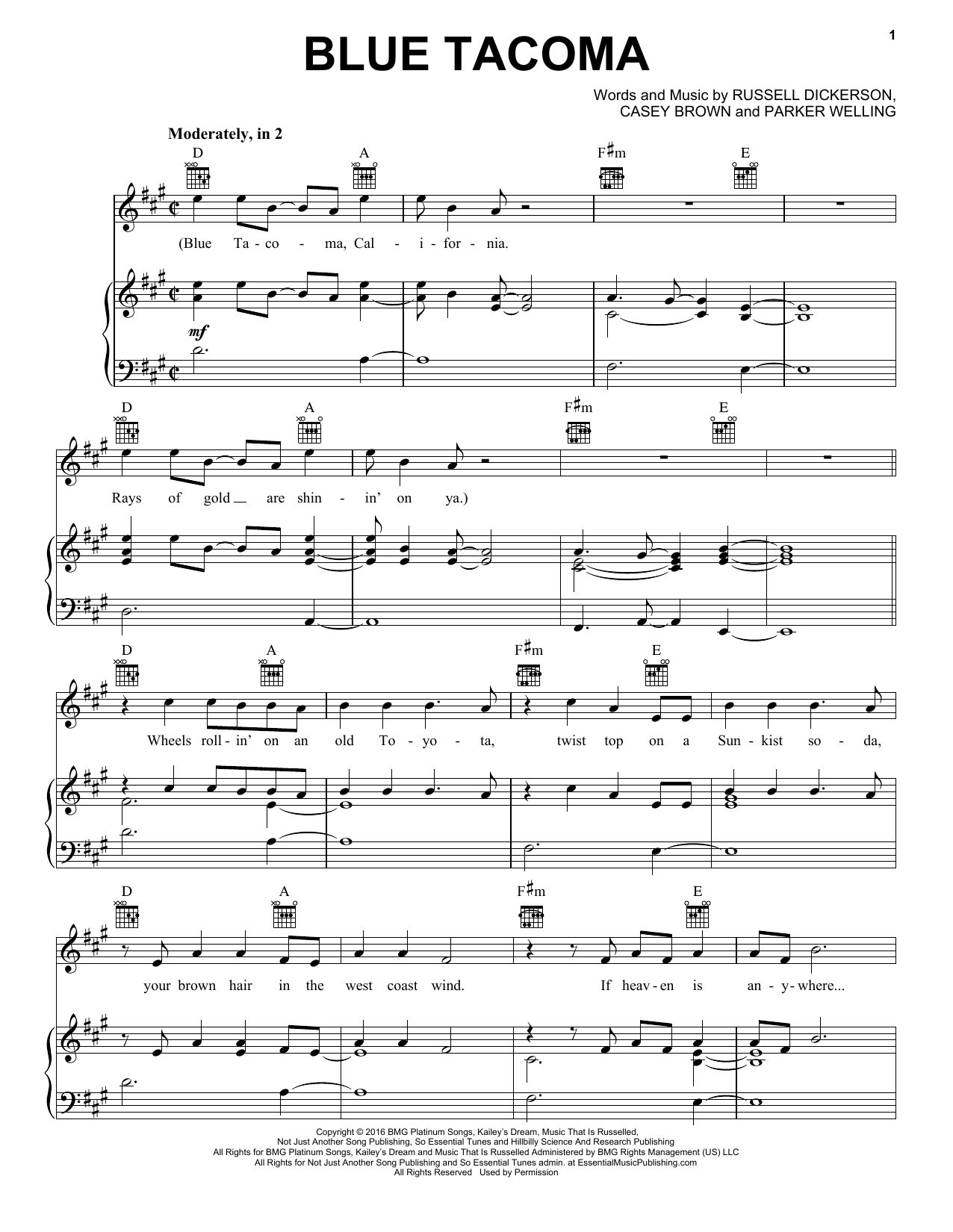 Russell Dickerson Blue Tacoma Sheet Music Notes & Chords for Piano, Vocal & Guitar (Right-Hand Melody) - Download or Print PDF