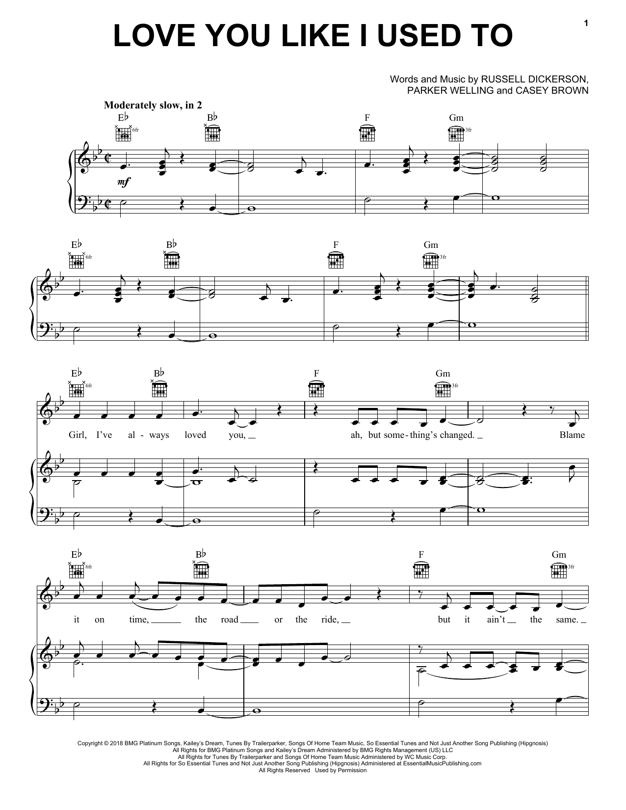 Russell Dickerson Love You Like I Used To Sheet Music Notes & Chords for Piano, Vocal & Guitar (Right-Hand Melody) - Download or Print PDF