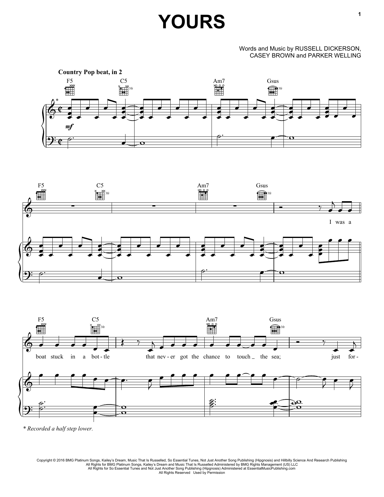 Russell Dickerson Yours Sheet Music Notes & Chords for Piano, Vocal & Guitar (Right-Hand Melody) - Download or Print PDF