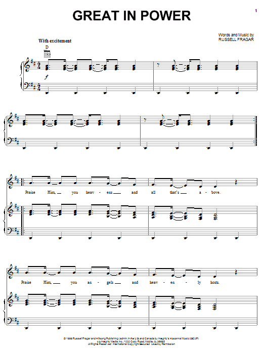 Russell Fragar Great In Power Sheet Music Notes & Chords for Piano, Vocal & Guitar (Right-Hand Melody) - Download or Print PDF
