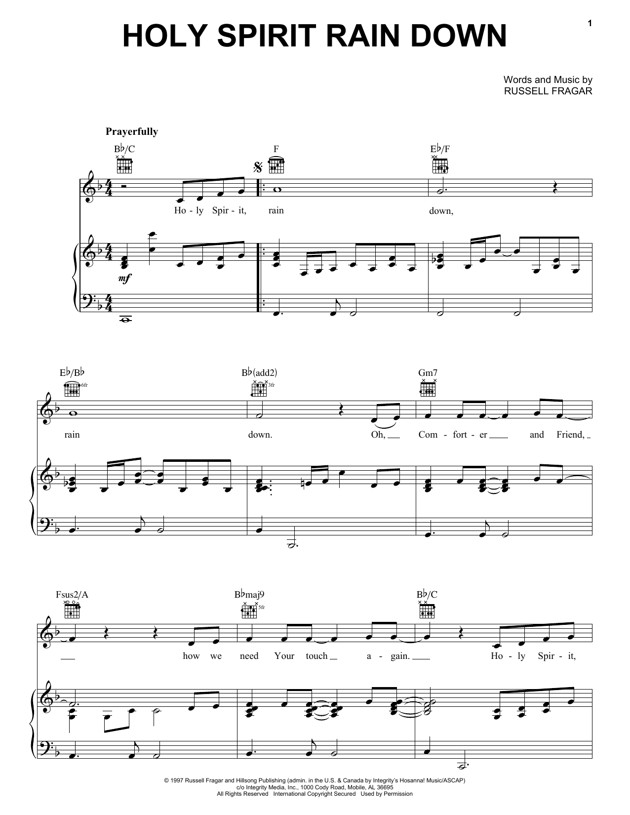 Russell Fragar Holy Spirit Rain Down Sheet Music Notes & Chords for Piano, Vocal & Guitar (Right-Hand Melody) - Download or Print PDF