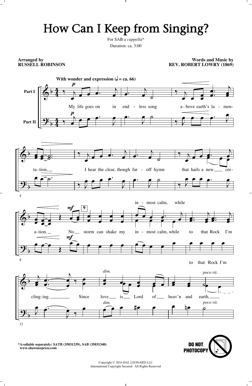Russell Robinson How Can I Keep From Singing? Sheet Music Notes & Chords for SAB - Download or Print PDF