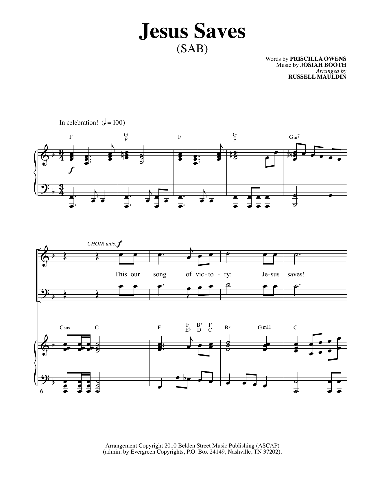 Russell Mauldin Jesus Saves Sheet Music Notes & Chords for SAB - Download or Print PDF