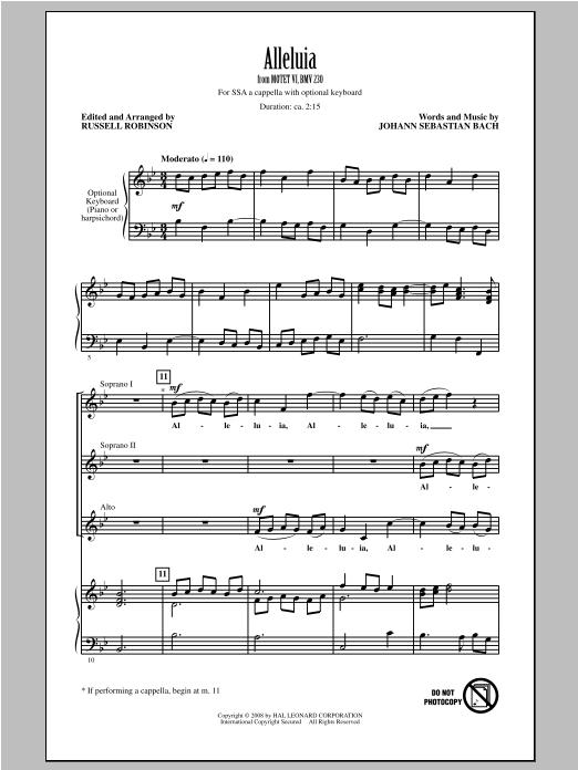 Russell Robinson Alleluia (from Motet VI, BWV 230) Sheet Music Notes & Chords for SSA - Download or Print PDF