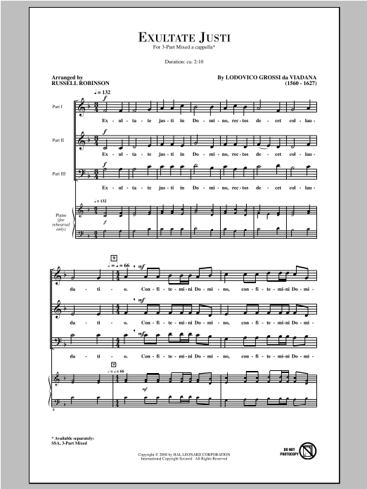 Lodovico Grossi da Viadana Exultate Justi (arr. Russell Robinson) Sheet Music Notes & Chords for 3-Part Mixed - Download or Print PDF