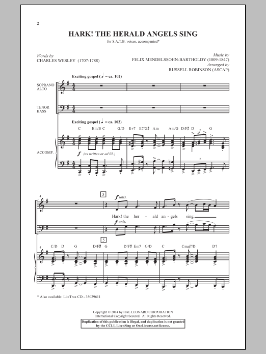 Christmas Carol Hark! The Herald Angels Sing (arr. Russell Robinson) Sheet Music Notes & Chords for SATB - Download or Print PDF