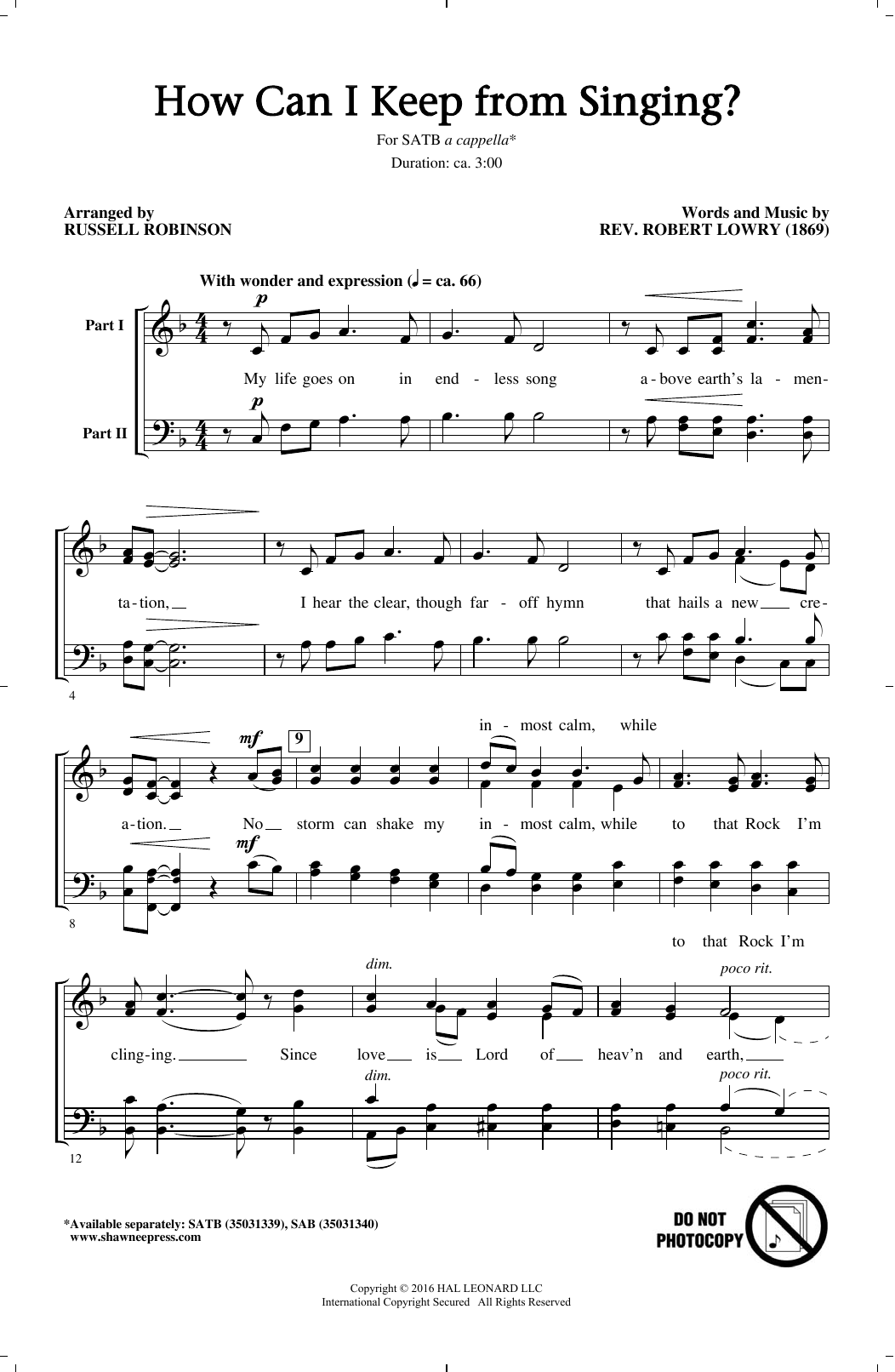 Russell Robinson How Can I Keep From Singing? Sheet Music Notes & Chords for SATB - Download or Print PDF