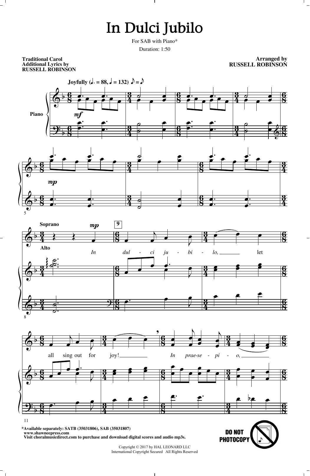 Russell Robinson In Dulci Jubilo Sheet Music Notes & Chords for SAB - Download or Print PDF