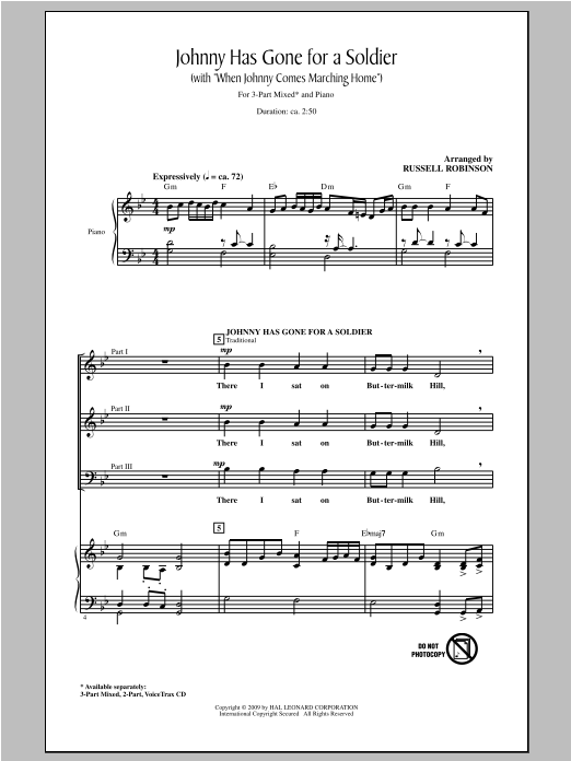 Russell Robinson Johnny Has Gone For A Soldier (with When Johnny Comes Marching Home) Sheet Music Notes & Chords for 2-Part Choir - Download or Print PDF
