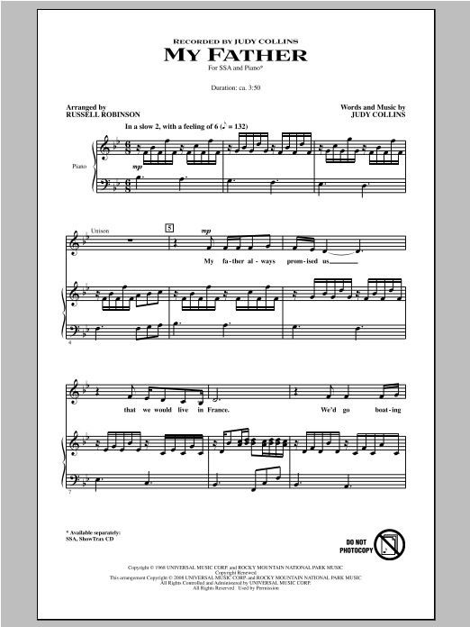 Judy Collins My Father (arr. Russell Robinson) Sheet Music Notes & Chords for SSA - Download or Print PDF