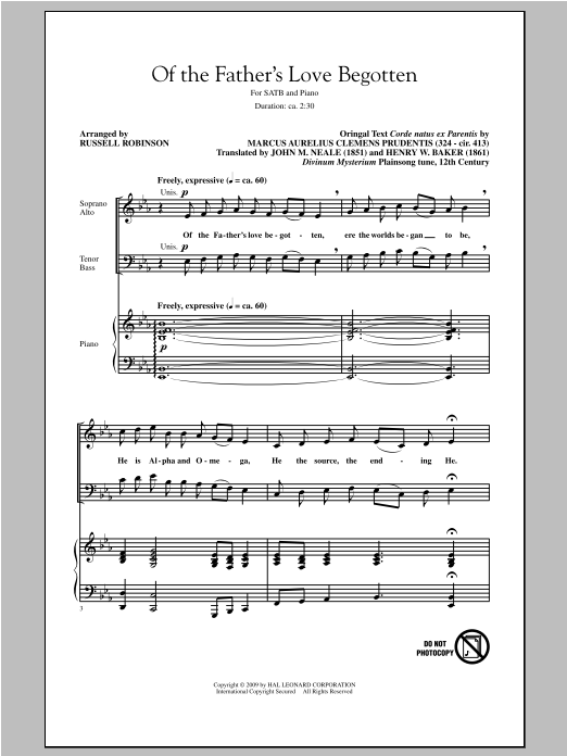 Aurelius C. Prudentius Of The Father's Love Begotten (arr. Russell Robinson) Sheet Music Notes & Chords for SATB - Download or Print PDF