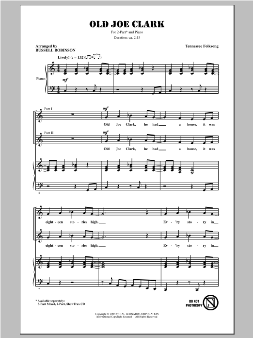 Russell Robinson Old Joe Clark Sheet Music Notes & Chords for 2-Part Choir - Download or Print PDF