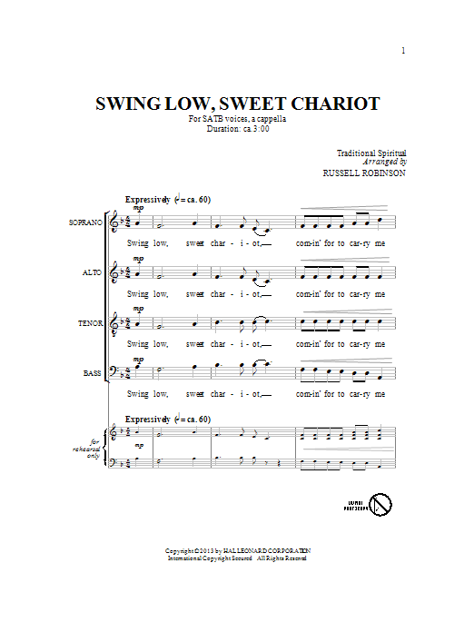 Russell Robinson Swing Low, Sweet Chariot Sheet Music Notes & Chords for SATB - Download or Print PDF