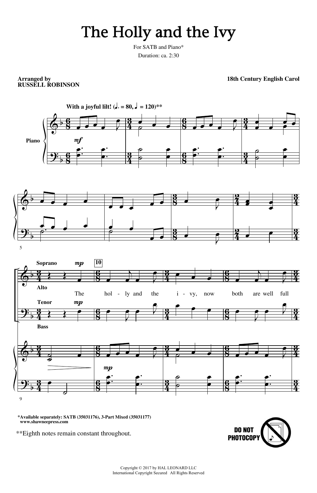 Russell Robinson The Holly And The Ivy Sheet Music Notes & Chords for 3-Part Mixed - Download or Print PDF