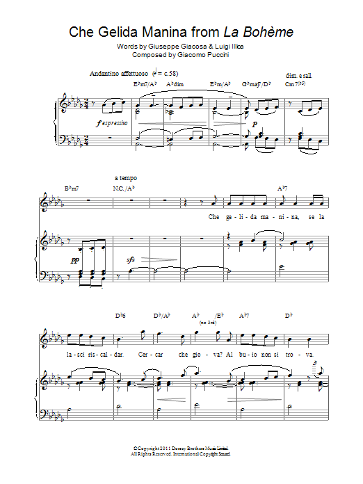 Russell Watson Che Gelida Manina Sheet Music Notes & Chords for Piano, Vocal & Guitar (Right-Hand Melody) - Download or Print PDF
