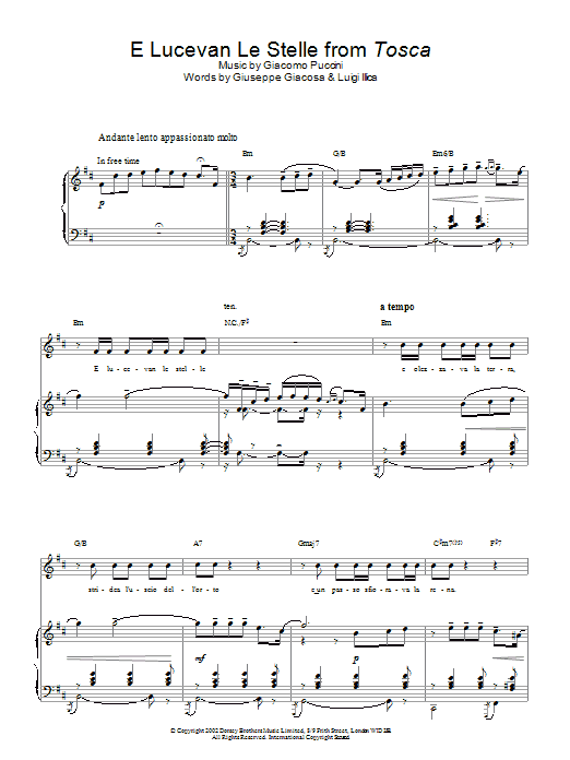 Russell Watson E Lucevan Le Stelle from Tosca Sheet Music Notes & Chords for Piano, Vocal & Guitar (Right-Hand Melody) - Download or Print PDF