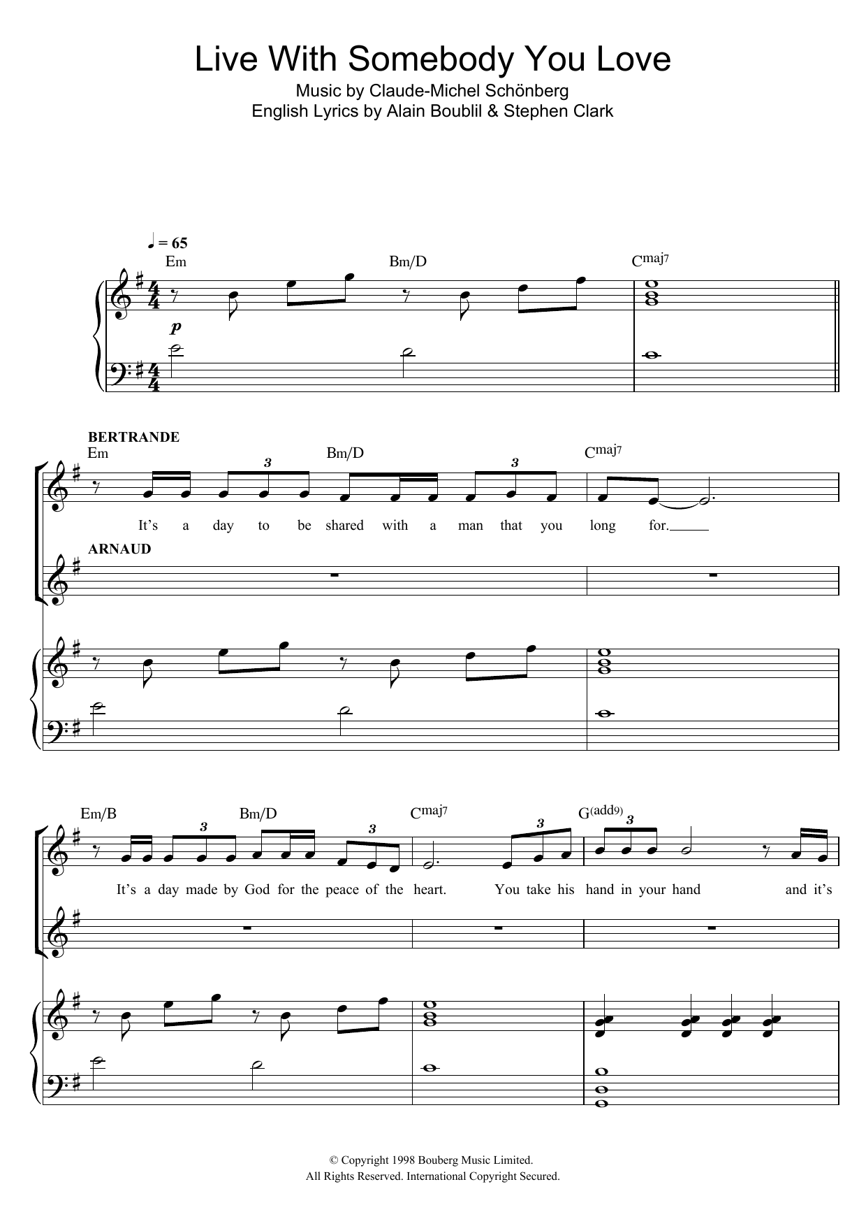 Russell Watson Live With Somebody You Love (from Martin Guerre) Sheet Music Notes & Chords for Piano & Vocal - Download or Print PDF