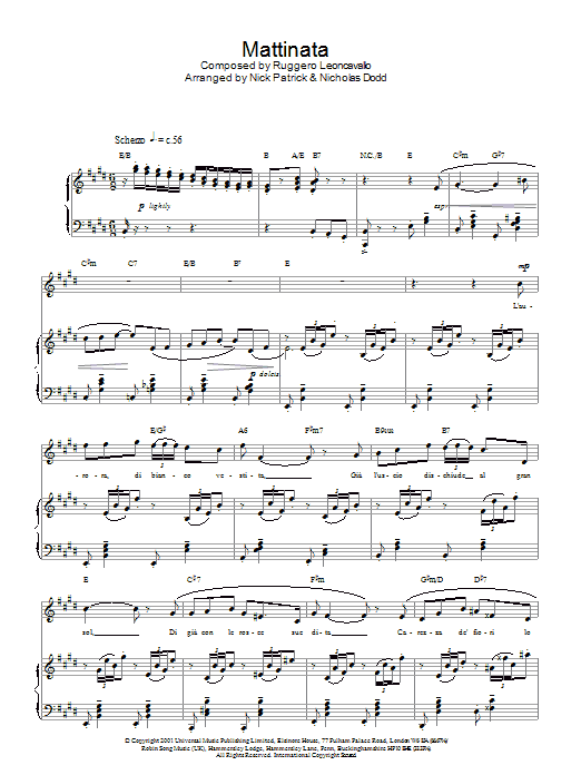 Russell Watson Mattinata Sheet Music Notes & Chords for Piano, Vocal & Guitar - Download or Print PDF