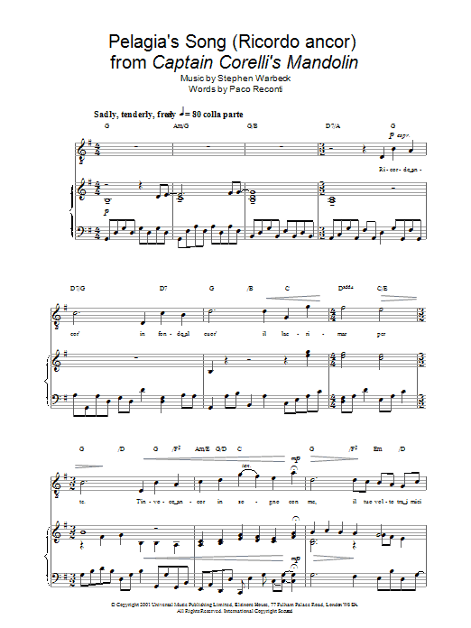 Russell Watson Pelagia's Song (Ricordo ancor) from Captain Corelli's Mandolin Sheet Music Notes & Chords for Piano, Vocal & Guitar (Right-Hand Melody) - Download or Print PDF Russell Watson Pelagia's Song (Ricordo ancor) from Captain Corelli's Mandolin Sheet Music Notes & Chords for Piano, Vocal & Guitar (Right-Hand Melody) - Download or Print PDF