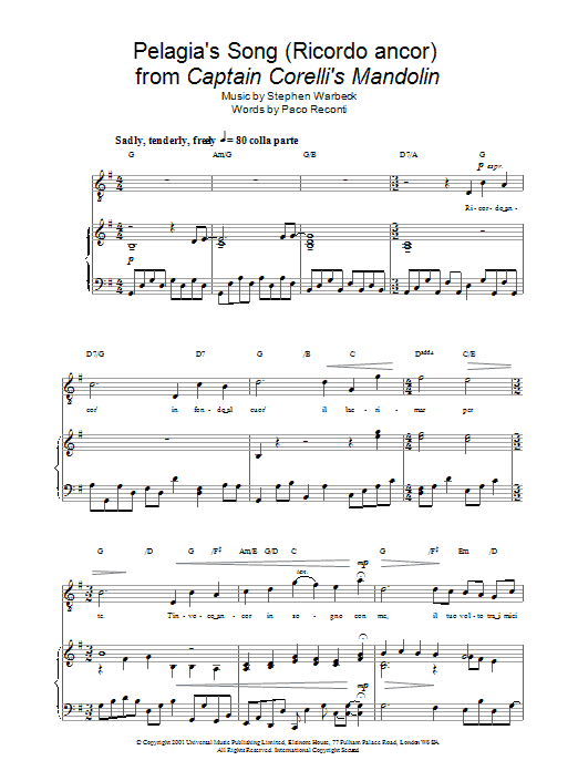 Russell Watson Pelagia's Song (Ricordo ancor) from Captain Corelli's Mandolin Sheet Music Notes & Chords for Piano, Vocal & Guitar (Right-Hand Melody) - Download or Print PDF
